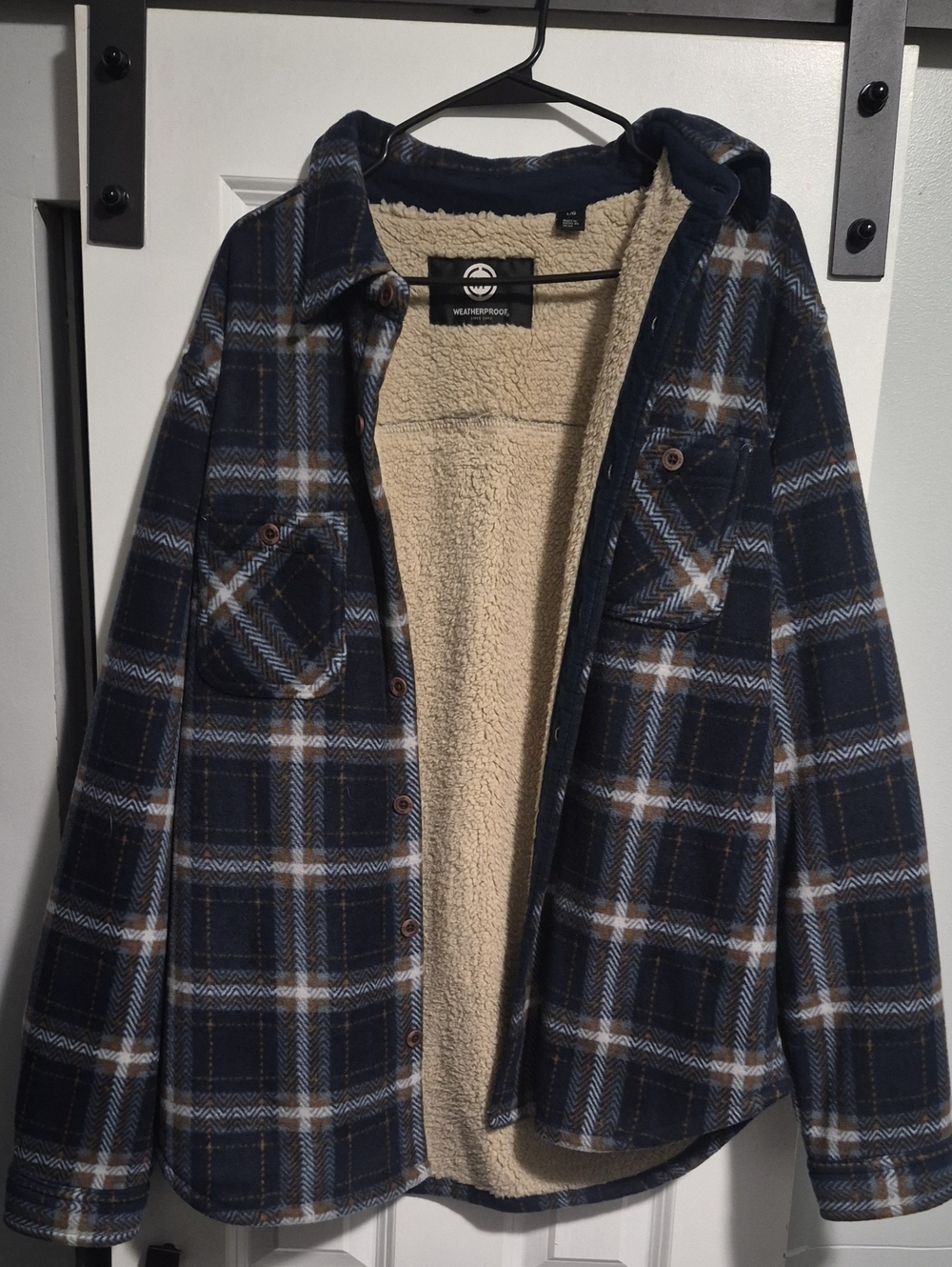 Weatherproof Navy and Tan Plaid Sherpa-Lined Shirt Jacket